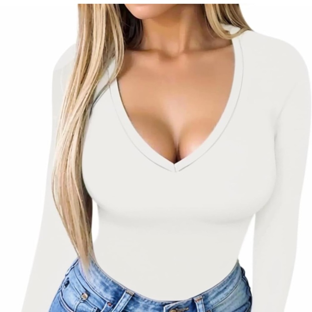 MANGOPOP Deep V Neck Short Sleeve Long Sleeve Tops Bodysuit for Women Clothing